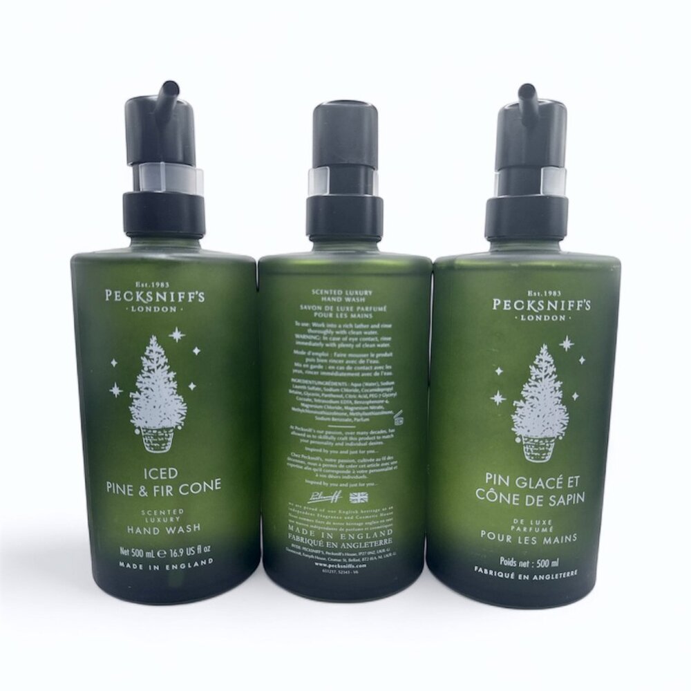 NEW Pecksniffs, 3x Iced Pine & Fir Cone Frost Glass Bottle Hand Wash 16.9 fl oz